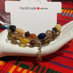 Handmade Glass Beaded Bracelet with Gold Accents Elastic Stretch 7”